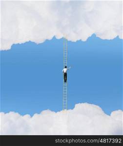 Achievement in business. Businessman standing on ladder high in sky