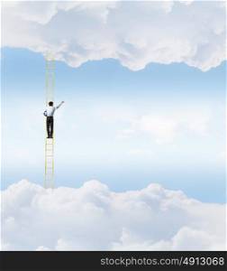 Achievement in business. Businessman standing on ladder high in sky