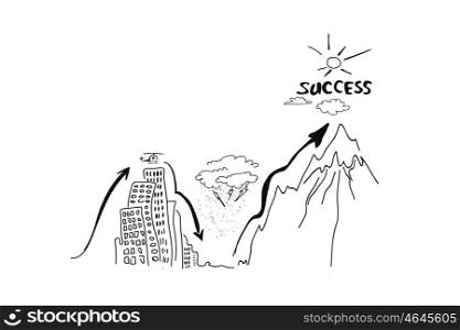 Achieving success. Background image with business sketches on white wall