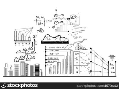 Achieving success. Background with business sketches on white backdrop