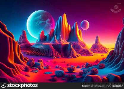 .acid color mountains and sky night landscape 
cosmic background illustration Generative AI.