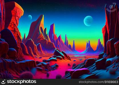 .acid color mountains and sky night landscape  cosmic background illustration Generative AI.