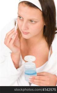 Acne facial care teenager woman clean skin isolated on white