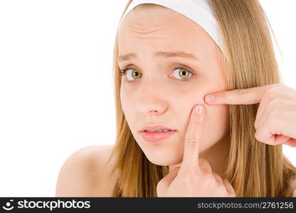 Acne facial care teenager woman squeezing pimple on white