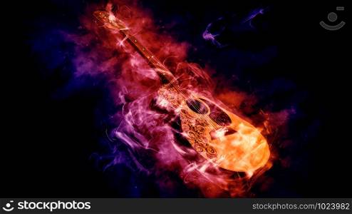 Acoustic classical guitar in smoke on black background - 3d rendering. Acoustic Classical Guitar in Smoke on black