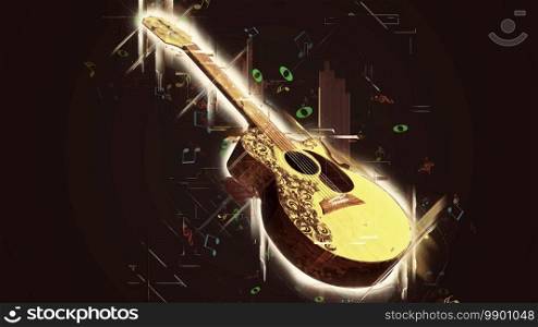 Acoustic Classical Guitar on black background with music notes - 3d rendering. Acoustic Classical Guitar on black background with music notes