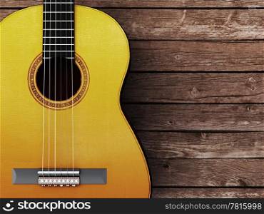 Acoustic guitar on wood background - 3D Render