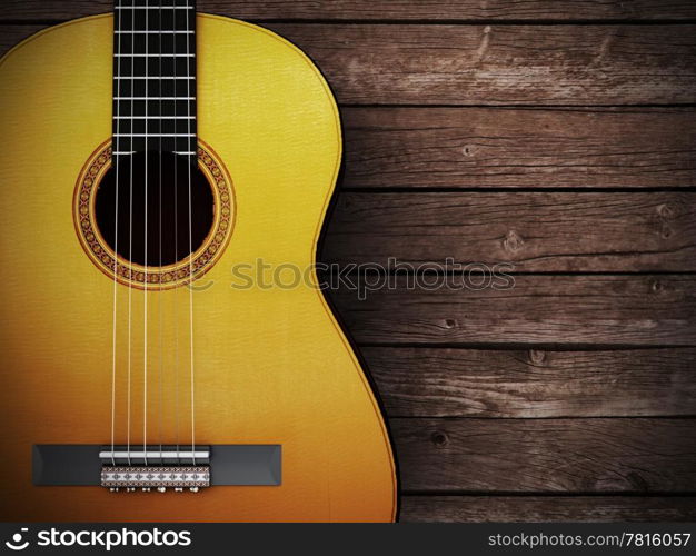 Acoustic guitar on wood background - 3D Render