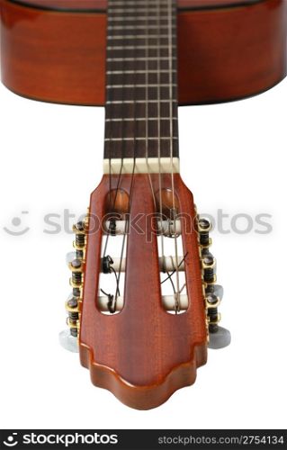 Acoustic six-string guitar. Covered by a brown varnish