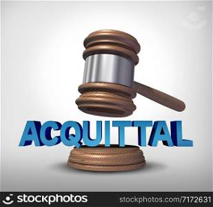 Acquittal and acquitted as a not guilty judgement of a crime as a legal concept from a court of law as a gavel or judge mallet for a verdict or government legislation as a 3D render.