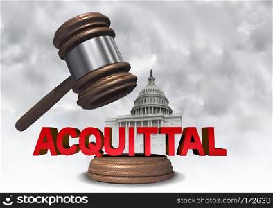 Acquittal and acquitted as a not guilty judgement to acquit a crime as a legal concept from a court of law as a gavel or judge mallet for a verdict or government congress and law as congressional with 3D illustration elements.