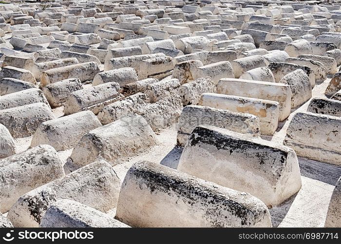 Acres of similar white tombs fill the old Jewish cemetery in the Mellah neighborhood of Marrakech, Morocco.