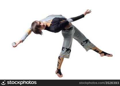 Acrobat with a glass marble on the white background