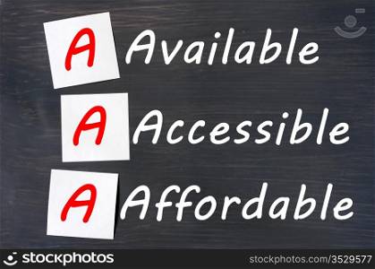 Acronym of AAA - available, accessible. affordable written on a blackboard with sticky notes