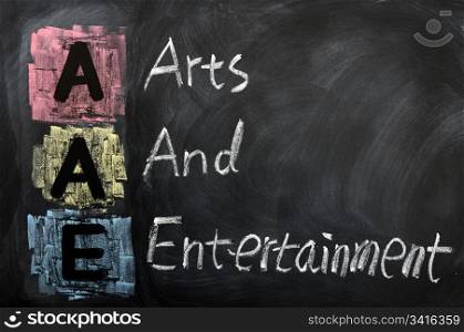 Acronym of AAE for Arts and Entertainment written in chalk on a blackboard