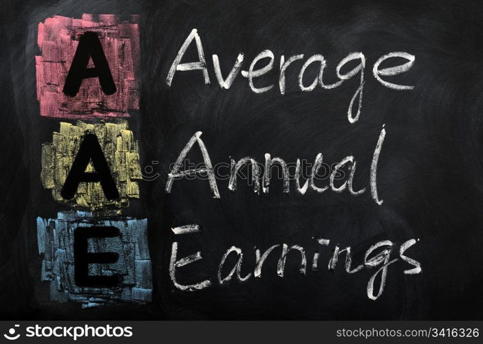 Acronym of AAE for Average Annual Earnings written in chalk on a blackboard