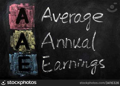 Acronym of AAE for Average Annual Earnings written in chalk on a blackboard