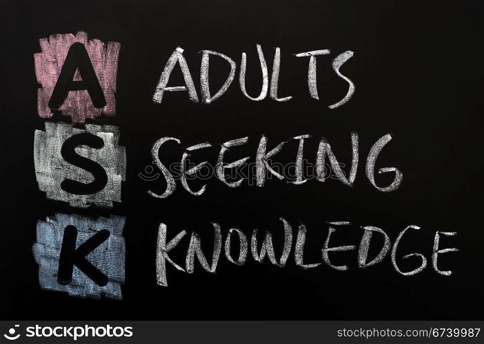 Acronym of ASK -Adults seeking knowledge written in chalk on a blackboard