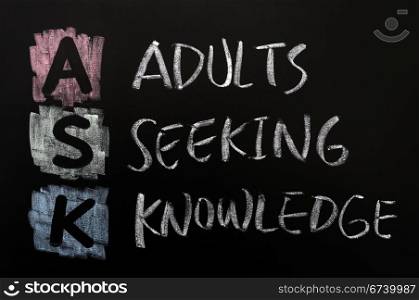Acronym of ASK -Adults seeking knowledge written in chalk on a blackboard