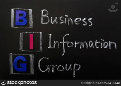 Acronym of BIG - Business Information Group written on a blackboard