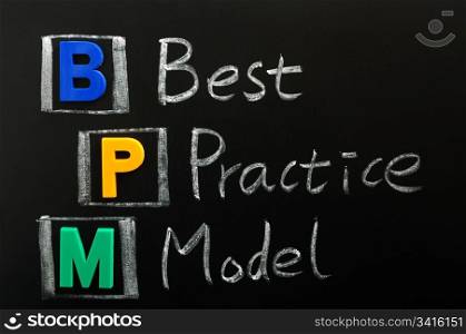 Acronym of BPM - Best Practice Model written on a blackboard