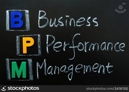 Acronym of BPM - Business Performance Management written on a blackboard