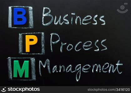 Acronym of BPM - Business Process Management written on a blackboard