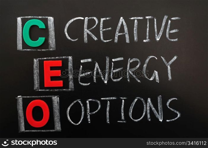 Acronym of CEO - Creative Energy Options written in chalk on a blackoard