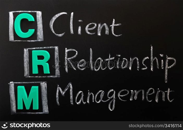 Acronym of CRM - Client Relationship Management written on a blackboard