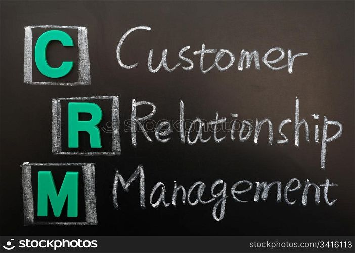Acronym of CRM - Customer Relationship Management written on a blackboard