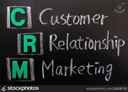 Acronym of CRM- Customer Relationship Marketing written on a blackboard