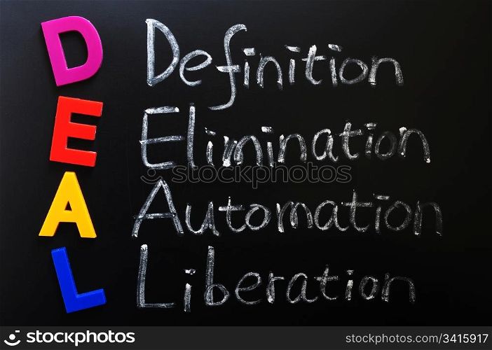 Acronym of DEAL - Definition, Elimination, Automation, Liberation on a blackboard