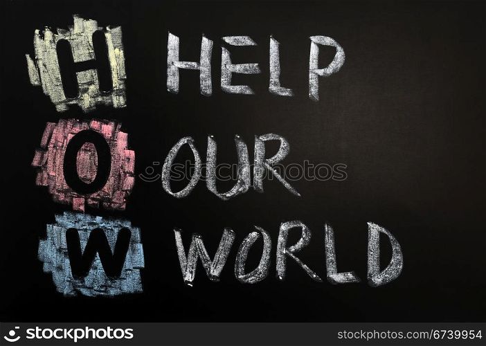 Acronym of HOW - Help Our World written in chalk on a blackboard