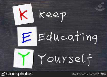 Acronym of Key for Keep Educating Yourself written on a blackboard