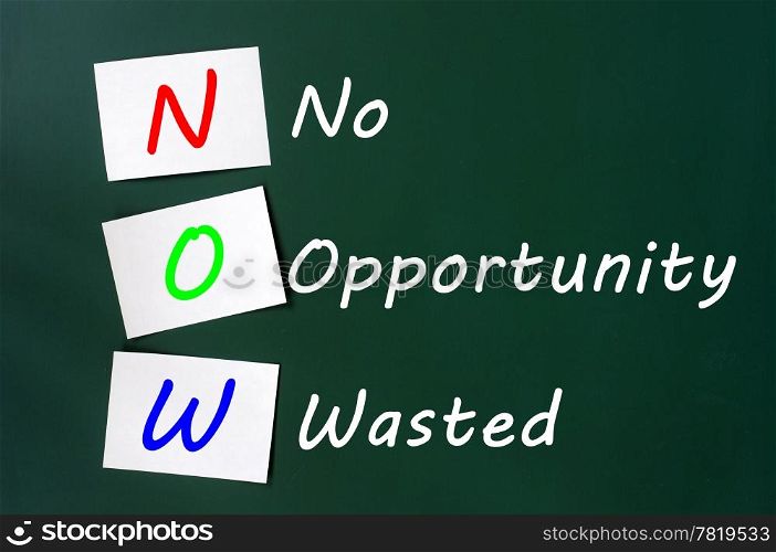 Acronym of NOW - No Opportunity Wasted written on a green chalkboard with sticky notes