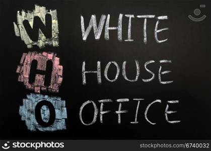 Acronym of WHO - White House Office written on a blackboard