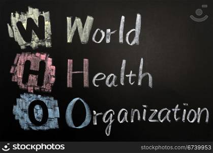 Acronym of WHO - World Health Organization written on a blackboard