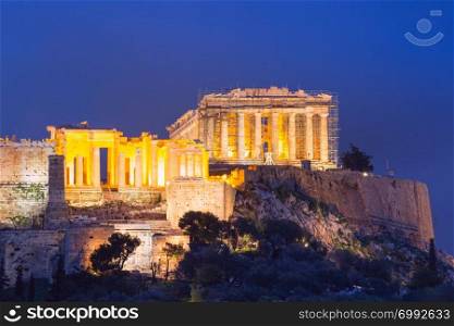 Acropolis Hill, crowned with Parthenon during evening blue hour in Athens, Greece. Acropolis Hill and Parthenon in Athens, Greece