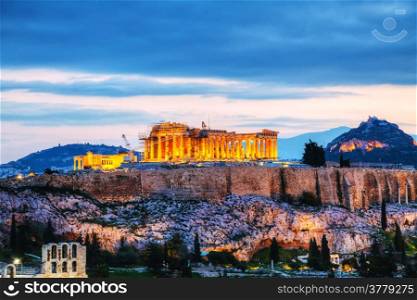 Acropolis in Athens, Greece in the evening after sunset