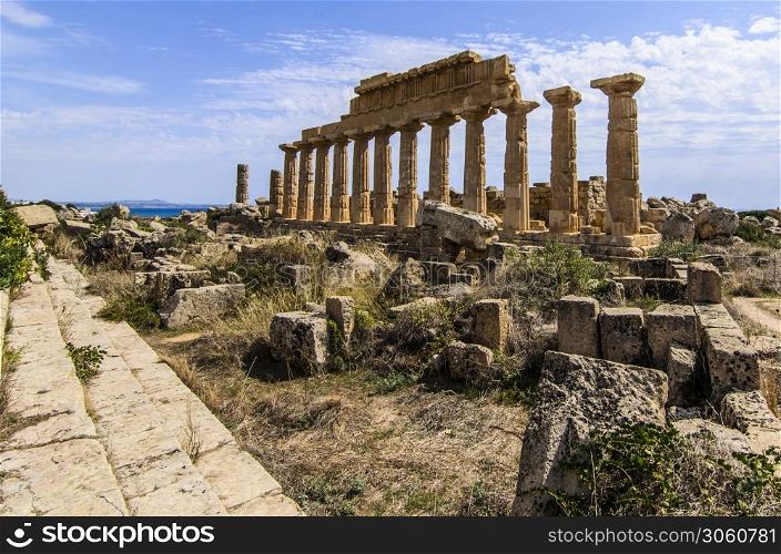 Acropolis of selinunte main temple and background mediterranean sea