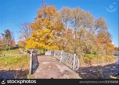 across the river bridge in the autumn park