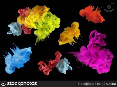 Acrylic colors in water. Ink blot. Abstract black background. Collection. Set.