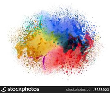 Acrylic colors in water with dropsr. Abstract background. Isolated on white.