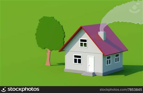 acrylic toy house with smoke and tree on green surface