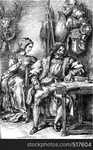 Act IV: Goetz writing his memoirs, his wife Elisabeth, vintage engraved illustration. Magasin Pittoresque 1845.