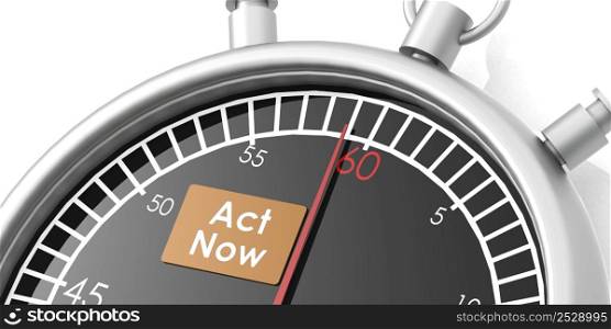 Act now word and stopwatch, 3d rendering