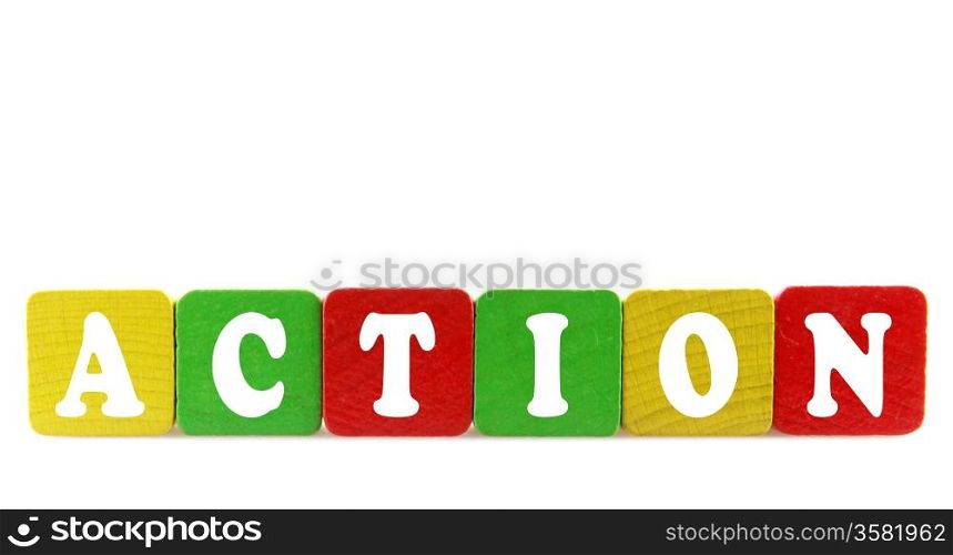 action - isolated text in wooden building blocks