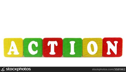 action - isolated text in wooden building blocks
