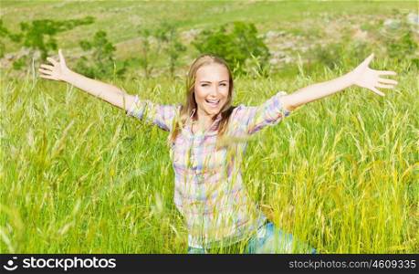 Active female over nature landscape, beautiful girl playing outdoors, young lady raised up open hands, pretty woman laughing, teenager enjoying wheat field, happy person laughing and having fun