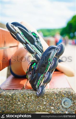 Active fun leisure sporty spring summer exercising outdoor activities concept. Closeup roller skates.. Roller skates close up